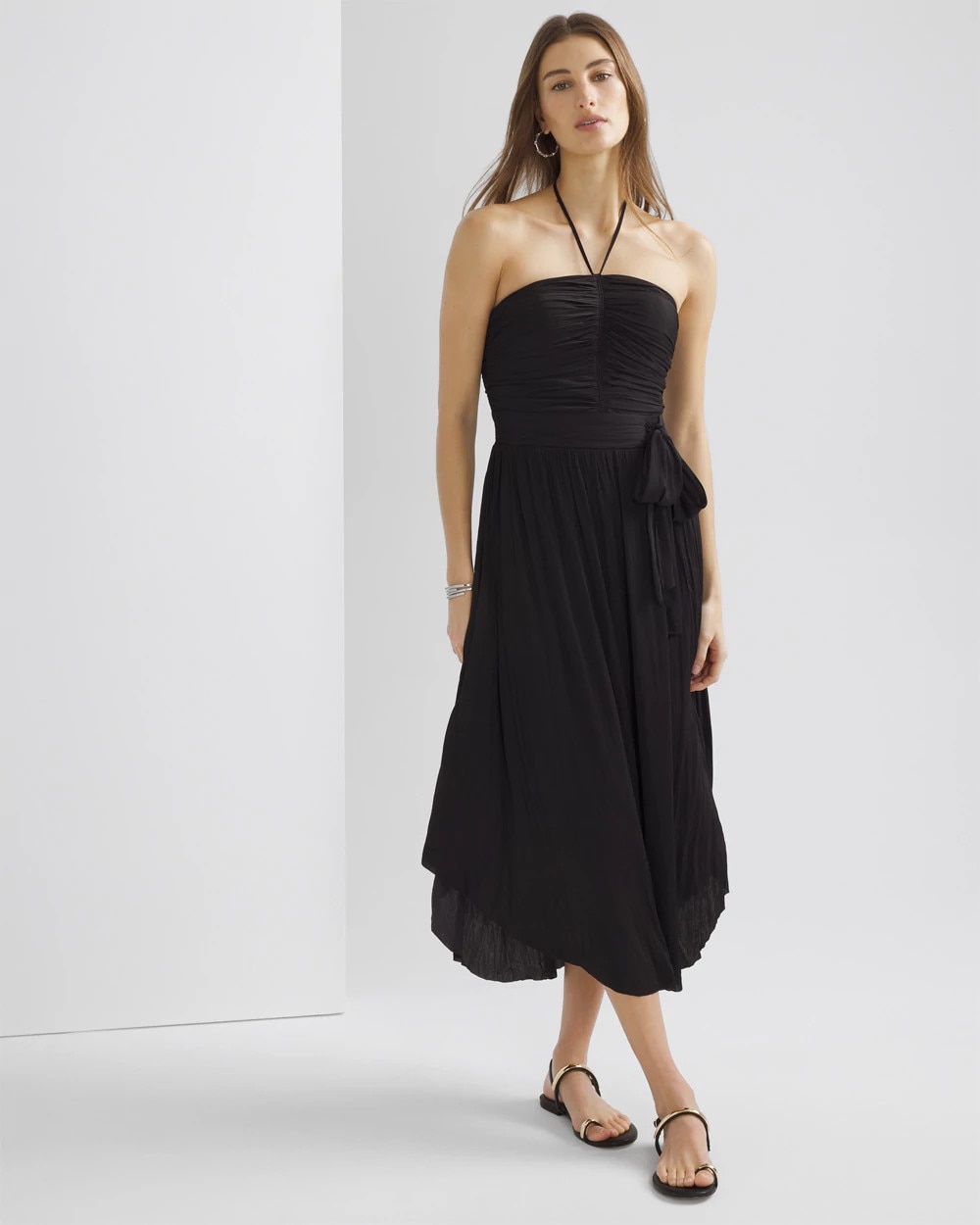 Pleated Tie Waist Short Sleeve Dress
